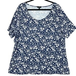 Talbots Floral Knit Top Plus Sz 2X Navy Blue